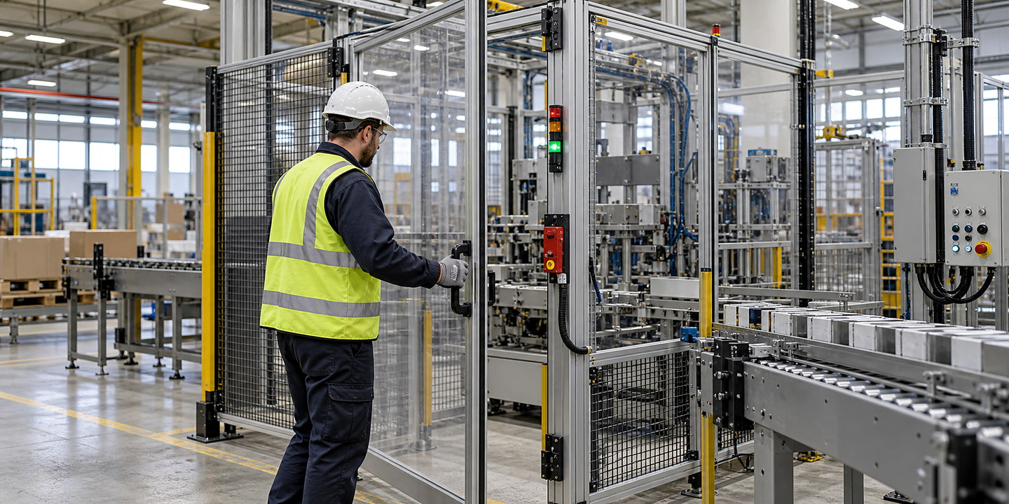 An operator opening an interlocked access door on a guarded automated cell while the safety control status is visible.